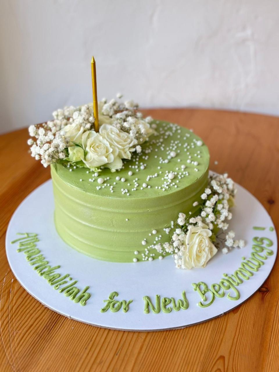 Green Floral Theme Cake with White Roses